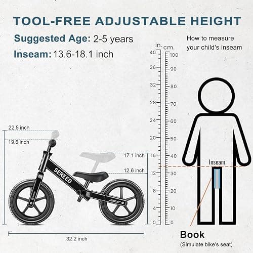SEREED Toddler Balance Bike 2 Year Old, No Pedal Kids Toy Bike for 2-5 Years Old, Tool-Free Adjustment, Gift for 2-3 Girls, Customize Plate with 3pcs Stickers (Black) thumbnail 3
