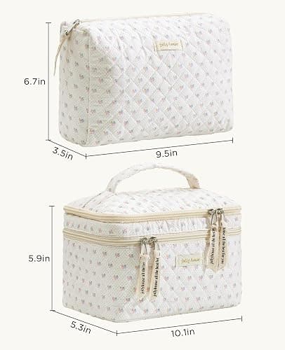 HBselect 2 Pack Floral Cotton Makeup Bag Set, Quilted Makeup Bag Travel Makeup Bag, Flap Handheld Double Layer Makeup Bag Large Medium Kawaii Coquette Aesthetic Toiletry Bags for Women Girls thumbnail 3