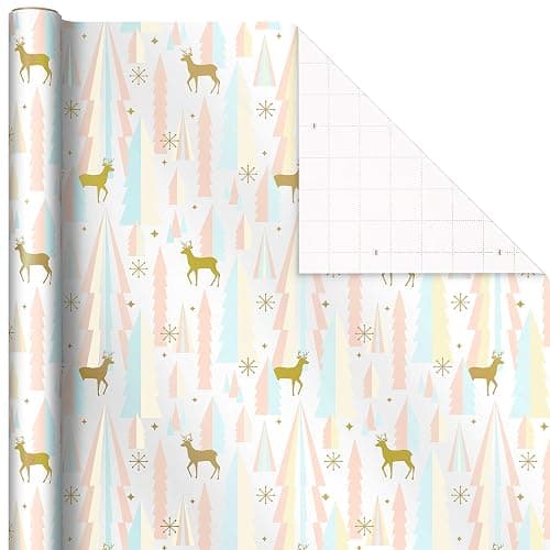 Hallmark Pink Christmas Wrapping Paper with Cut Lines on Reverse (3 Rolls: 120 sq. ft. ttl) Pink, Mint, Gold, Reindeer, Christmas Trees, Snowflakes thumbnail 4