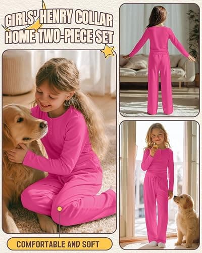 LessonZoo Girls 2 Piece Outfits Lounge Sets Long Sleeve Ruched Knit Henley Neck Fitted Tops Straight Leg Pants with Pockets thumbnail 3