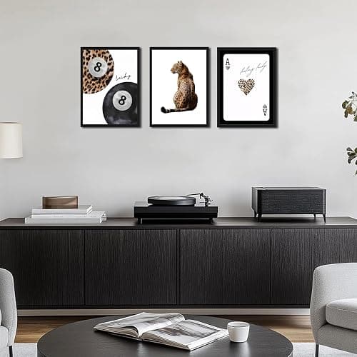 Framed Trendy Leopard Wall Art Set of 3, Funky Preppy Cheetah Wall Decor Paintings, Fashion Lucky 8 Posters Prints Pictures for Living Room Bedroom Dorm 12x16 Inch Black Wood Frame thumbnail 2