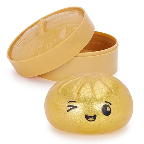 Toyland® Metallic Gold Squishy Bao Dumpling Sensory Fidget Toy with Plastic Steamer Box - Squeeze Toys for Kids - Ages 3+ - Image 1