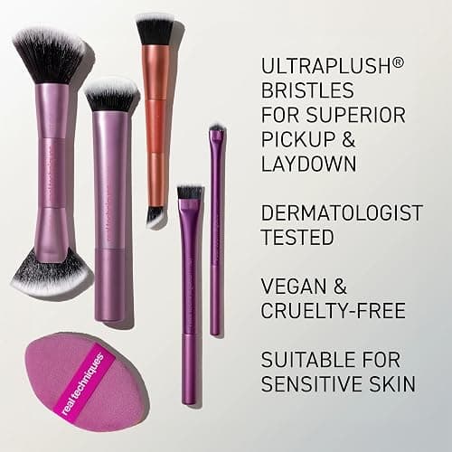 Real Techniques Big Blends Energy Brush + Dual-Sided Puff Kit, 6-Piece Set | Makeup brushes set with dual-sided puff kit, 2-in-1 powder puff, ultra-soft synthetic bristles for makeup blending thumbnail 8