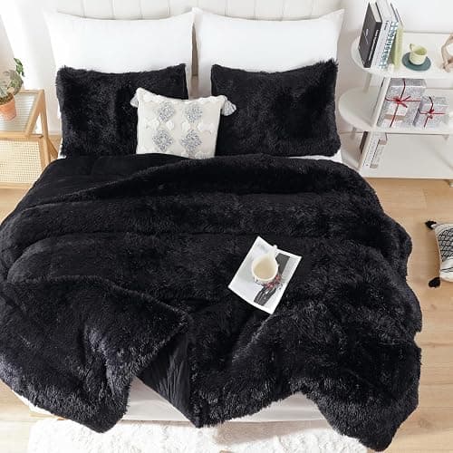 Smoofy Fluffy Queen Comforter Set, Faux Fur Black Comforter Set Queen Size, Luxury Fuzzy Bedding Set, Soft Shaggy Bed Set for All Season, 3 Pieces - 1 Comforter & 2 Pillowcases thumbnail 4