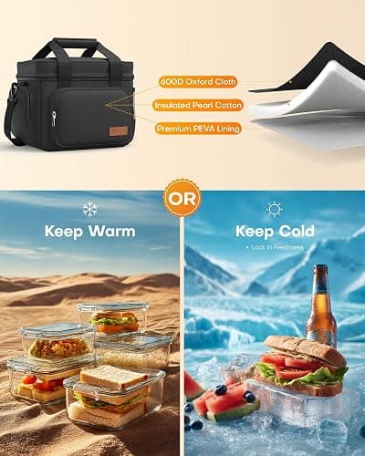 HOTOR Lunch Box for Men and Women - Leak-Proof Insulated Lunch Cooler Bag with Adjustable Strap, Multiple Pockets for Office, Picnic, Hiking, Beach, 1 Layer, 8L, Black, 9.8" x 8.7" x 5.9" thumbnail 3