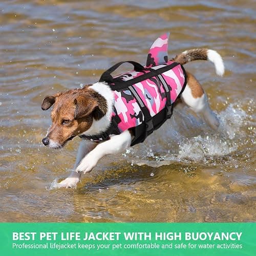 Queenmore Dog Life Jacket Pet Safety Vest High Buoyancy Camouflage Color Cute Shark with Strong Rescue Handle and Leash Ring for Boating, Canoeing, Surfing, Hunting thumbnail 7