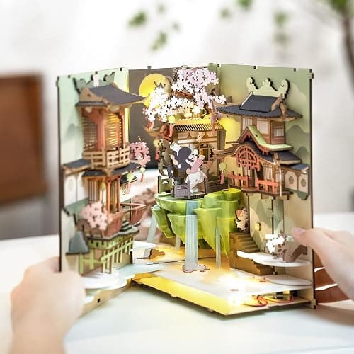 Rowood Book Nook Kits for Adults,3D Wooden Puzzle Bookend,Bookshelf Decor Insert Alley,DIY Miniature Booknook Model Craft Kits for Adults,Gifts with LED on Birthday Christmas(Falling Sakura) thumbnail 6