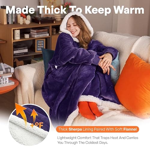 Giggling Getup Wearable Blanket Hoodie for Women Men Gifts for Women Mom Wife Sherpa Fleece Long Hooded Blanket Sweatshirt Cozy Sherpa Wearable Throw with Pocket & Sleeves for Adult Standard Purple thumbnail 2