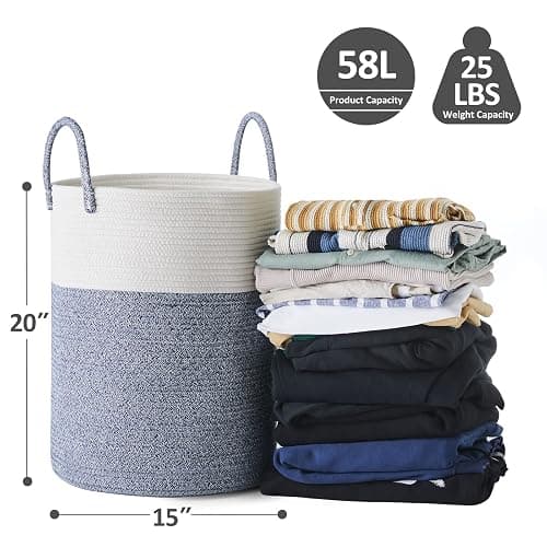YOUDENOVA Cotton Laundry Hamper, 58L TALL Storage Basket-Blue | Woven Collapsible Laundry Basket, Clothes Hamper with Reinforced Handles in the Laundry Room, Bedroom, Bathroom thumbnail 3