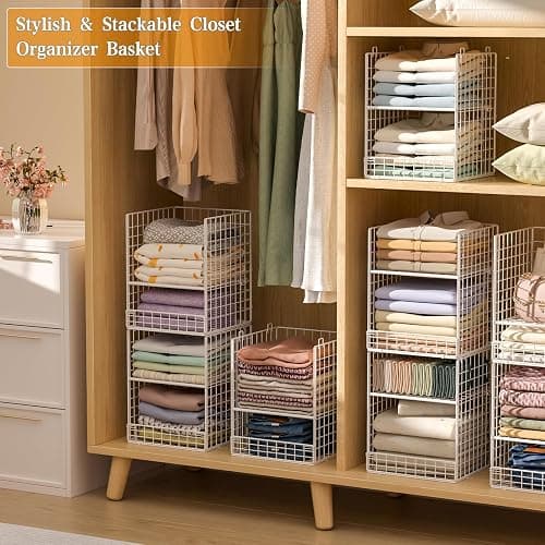 Yociyoga Closet Organizers and Storage - Stackable, Space Saving, Foldable Iron Mesh Bins with Adjustable Plate for Home Closet Organizer System thumbnail 4