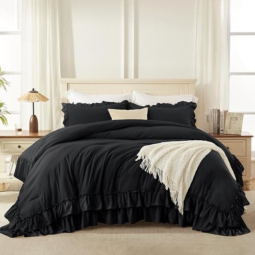 Andency Black Full Size Comforter Set(79x90Inch), 3 Pieces Fluffy Farmhouse Shabby Chic Bedding Comforter Sets, All Season Soft Lightweight Microfiber Bed Set thumbnail 3