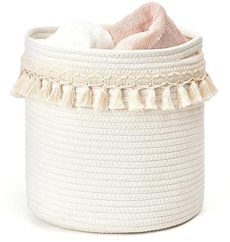 Mkono Macrame Decorative Cotton Rope Basket Boho Nursery Decor Small Cute Woven Tassel Closet Storage Bins Organizer for Baby Toys,Magazines, Potted Plants Cover,Living Room,Bedroom, 11"x11" - Image 1