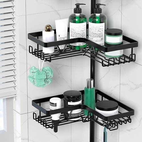 DAOYA Corner Shower Caddy Tension Pole - 4 Tier Stainless Steel Rustproof Shower Corner Caddy for Bathtub Bathroom Shower Organizer Shelves Adjustable Pole 25-114.2 Inch Black thumbnail 3