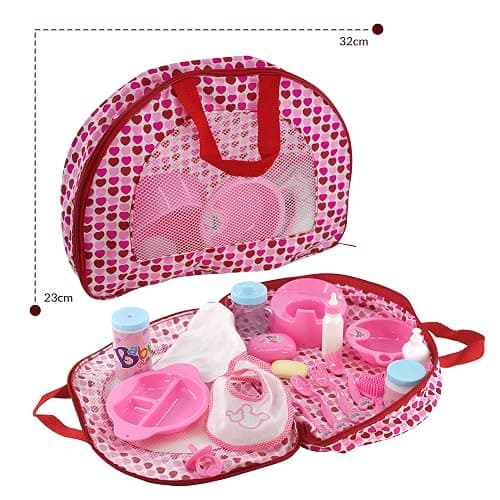BiBi Doll Baby Doll Accessories Playset 18 Pcs with Carry Storage Bag - Includes Care & Feeding Set, Bottles, Dummy, Potty, Bib, Brush - Portable Nurturing Pretend Play Toy for Girls & Boys Aged 3+ thumbnail 3