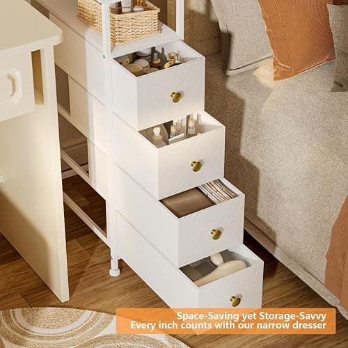 YILQQPER Narrow Dresser for Bedroom, Slim Dresser Storage Tower, Chest of 4 Fabric Drawers with Wood Shelf, Bathroom Organizers and Storage for Small Spaces, Laundry, Closet, White thumbnail 5