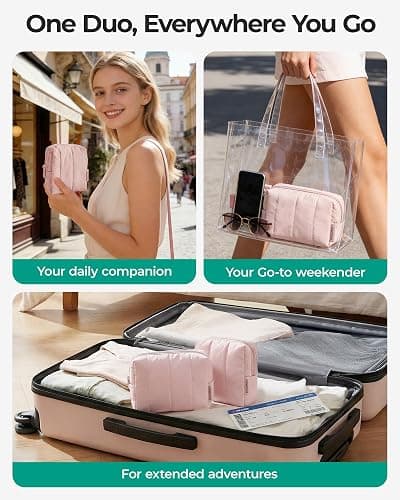 BAGSMART Makeup Bag Duo Set, Puffy Padded Travel Cosmetic Organizer with Slip-in Pockets, Large Toiletry Bag & Small Purse Pouch, Travel Essentials for Women, Black thumbnail 5