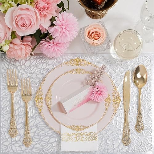 Ciaell 300PCS Pink and Gold Plastic Plates - Pink Disposable Dinnerware Sets for 50 Guests - 100 Plates, 50 Knives, 50 Forks, 50 Spoons, and 50 Napkins for Wedding, Anniversary & Party thumbnail 5