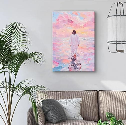 Jesus Canvas Wall Art Pink Jesus Walks on Water Canvas Paintings Prints Religious Savior Wall Decor Christian Bible Stories Poster printing Artwork for Living Room Bedroom Church Decoration 12x16in thumbnail 2