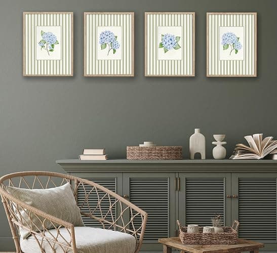 Blue Hydrangea Wall Art Sage Green Striped Rustic Farmhouse Floral Pictures Wall Decor French Country Botanical Posters Vintage Grandmillenial Flower Painting Print Artwork for Bedroom Dorm, Unframed thumbnail 2