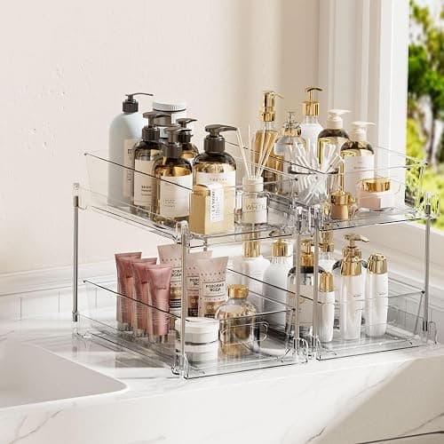 Vtopmart 2 Tier Bathroom Storage Organizer, 2 Pack Clear Under Sink Organizers Vanity Counter Container, Cabinet Drawers Bins, Pull-Out Organization with Track for Pantry, Kitchen thumbnail 7
