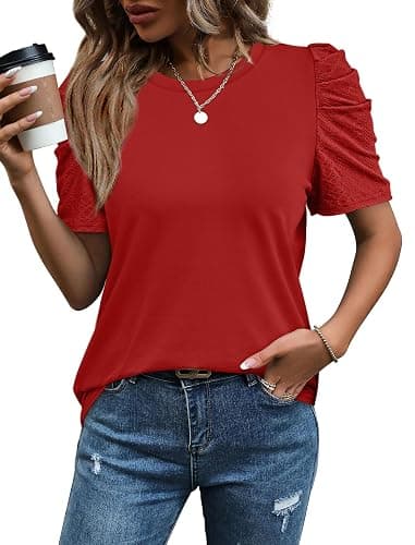 WIHOLL Summer Tops for Women Puff Sleeve Crewneck T Shirts Dressy Casual Blouses Spring Outfits Fashion Clothes thumbnail 2