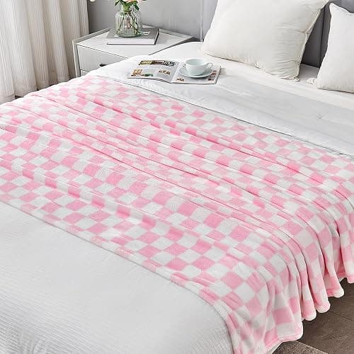 Edenleaf Pink Checkered Fleece Throw Blanket for Couch Warm Home Decor | Ultra Soft Cozy Fuzzy Blanket for Bed Sofa, Fluffy Lightweight Throw for Travel, Cute Holiday Gifts, All Seasons, 50"x60" thumbnail 6