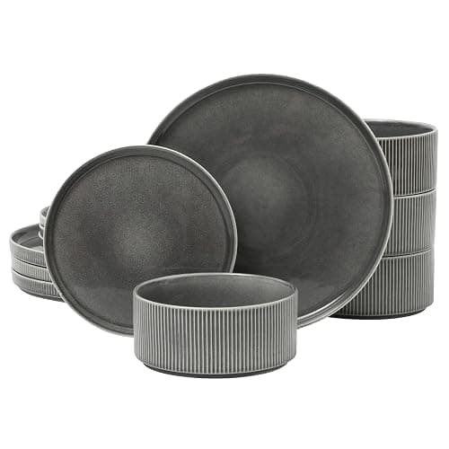 Gibson Elite Solana Coast 12 Piece Stoneware Reactive Glaze (Service for 4) Ceramic Plates and Bowls Modern Shape Embossed Dinnerware Set - Black - Image 1