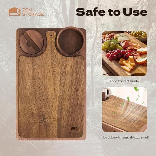 ZenStorage Acacia Wood Couch Arm Table Tray with Charcuterie Board with Phone Holder, Cup Slot & Folding for Wide/Narrow Recliners, Snack Table for Small Spaces TV Entertaining (Natural Wood) thumbnail 6