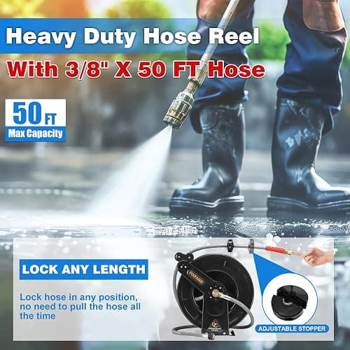 FIXFANS Pressure Washer Hose Reel with Hose for Hot and Cold Water, 3/8" X 50 FT Steel Auto-Retractable High Power Wash Hose Reel, Heavy Duty Hose Reel - Wire Braided Hose 4000 PSI, Black thumbnail 5