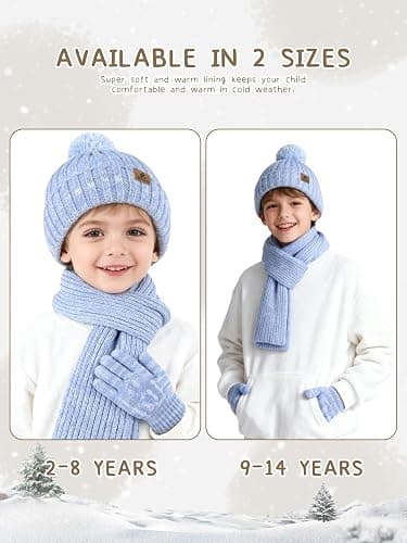 Wenouy Kids Winter Hat Scarf Gloves Set, Toddler Fleece Lined Gloves Warm Knitted Scarf Winter Beanie with Pom for Boys Girls thumbnail 6