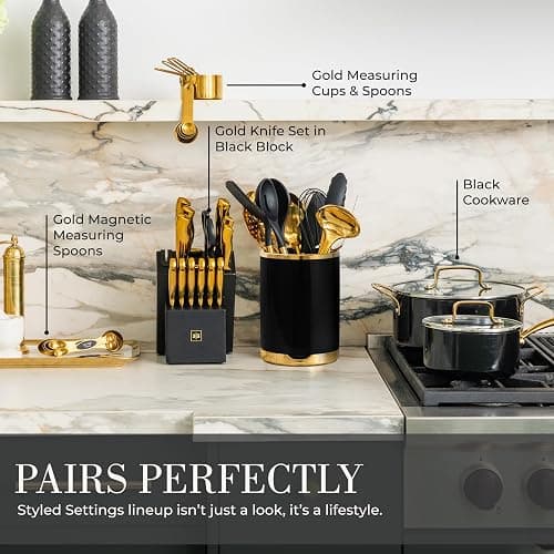 STYLED SETTINGS Black and Gold Cooking Utensils Set - 13-Piece Kitchen Set with Black Ceramic Utensil Holder and Stackable Gold Spoon Rest - Luxury Kitchen Accessories for Stylish Cooking and Serving thumbnail 9