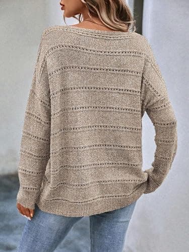 CFLHN Women's Sweater Soft Boat Neck Long Sleeve Oversized Sweaters Crochet Pullover Knit Tops thumbnail 3
