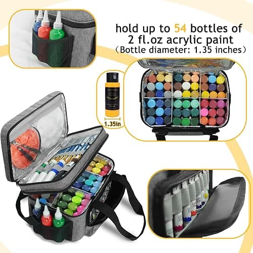 Acrylic Paint Organizer Bag - Holds 54 Bottles (2 oz), Art Supply Storage Case with Handle and Shoulder Strap, Extra Pocket for Brushes, Palette Board, Aluminum Foil Liner for Easy Cleaning, Grey thumbnail 3