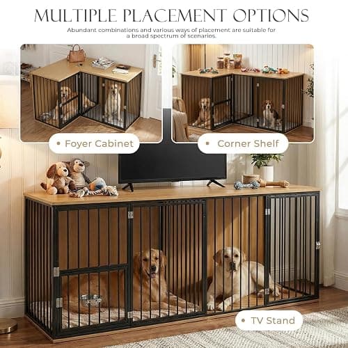 Large Double Dog Crate Furniture - TV Stand & Indoor Kennel with Adjustable Divider, Heavy Duty Wooden Pet House for 2 Large Breed Dogs, Removable Doors, with Rotating Feeder (Dark) thumbnail 6