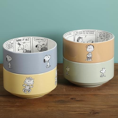 Peanuts Snoopy Bonbon Bites 4-Piece 5.5-Inch Decorated Stoneware Ceramic Stackable Bowl Set, Microwave & Dishwasher Safe Snack and Dessert Bowls thumbnail 9