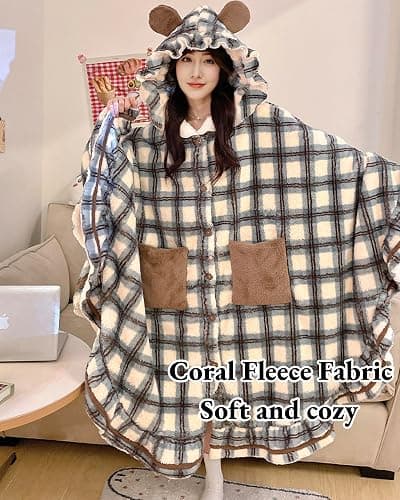 Neglance Plaid Hooded Cloak Plush Pajamas Robe Cute fuzzy Women's Winter Fleece Bathrobe with Pockets kawaii Loungewear thumbnail 2