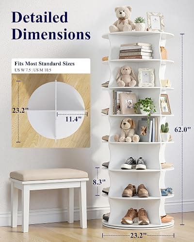 Kitsure Shoe Rack - 7-Tier Rotating Shoe Rack Tower, 360° Revolving Display & Storage Solution with Lazy Susan, Space-Saving Shoe Rack for Entryway, Closet, Bedroom, White thumbnail 3