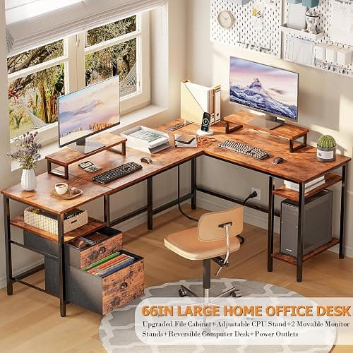 Furologee 66” L Shaped Desk with Power Outlet, Reversible Computer Gaming Desk with File Drawer & 2 Monitor Stands for Home Office with Storage Shelves, Rustic Brown thumbnail 4
