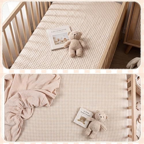 Breling 2 Pcs Muslin Khaki and Khaki Gingham Crib Sheets Netural, 52"X 28" | Soft Breathable Brown Plaid 100% Cotton Baby Standard Mattress Cover, Fitted for Girl Boy Nursery Mattress, Washable thumbnail 6