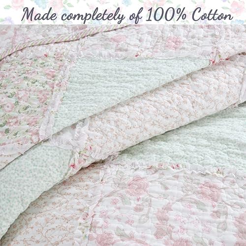 Cozy Line Home Fashions 100% Cotton Real Patchwork Floral Pink Rose Shabby Chic Girly Reversible Quilt Bedding Set, Coverlet Bedspread (La Rosa Rêve, Twin - 2 Piece) thumbnail 2