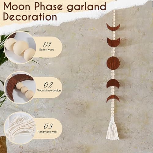 Ausicfen Moon Phase Wall Hanging Wood Beaded with Tassel,Phases of The Moon,Boho Home Decor for Living Room Bedroom Office(Brown) thumbnail 2