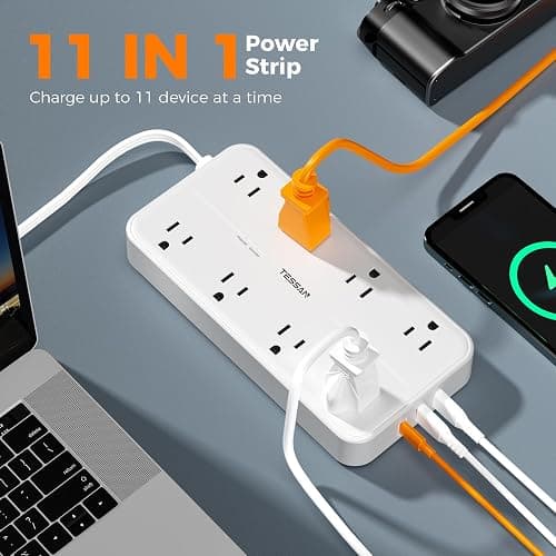 Power Strip with Surge Protection, TESSAN Flat Plug Extension Cord with 8 Outlets 3 USB Ports(1 USB C), 1080 Joules, 6 Ft, Wall-Mounted Charging Station for Apartment Office Dorm Room Essentials thumbnail 2