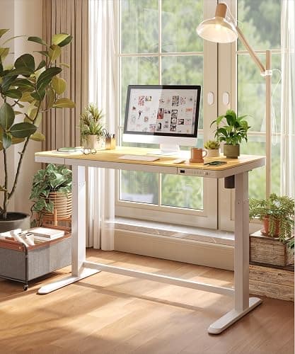 Standing Desk with Drawer, Electric Height Adjustable Home Office Desk with Storage & USB Ports, 48 inch Bamboo Texture Tabletop/White Frame thumbnail 5