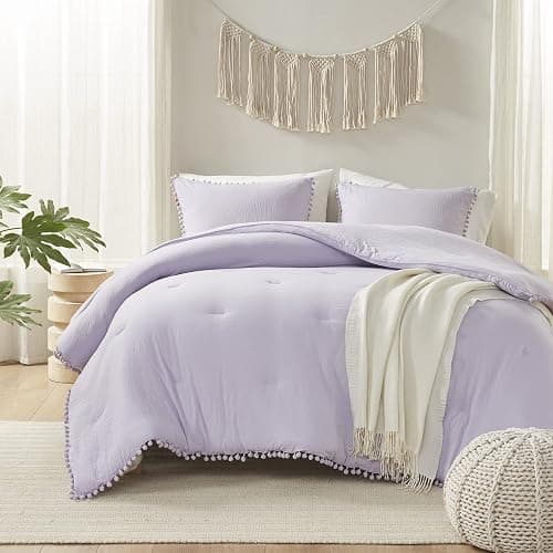 Codi Lavender Purple Boho Twin Comforter Set for Girls, Aesthetic Pom Fringe Design Cute Bedding, Soft Washed Microfiber Bed Sets, Lightweight Chic,1 Comforter & 1 Pillowcase thumbnail 3