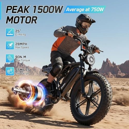 Electric Bike for Adults, Peak 1500W Motor Retro E Bike, Range 65/120Miles, 48V 15Ah Removable Battery, 20"x4" Fat Tires, Full Suspension, APP Control, Off-Road Ebike for City Commuting thumbnail 3