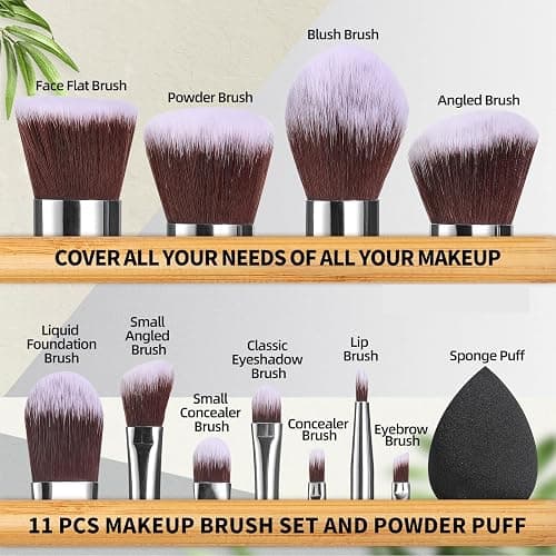 BS-MALL Makeup Brush Set 11Pcs Bamboo Synthetic Kabuki Brush Set Foundation Powder Blending Concealer Eye shadows Blush Cosmetics Brushes with Organizer Bag & Makeup Sponge (style, Count, 12) thumbnail 4