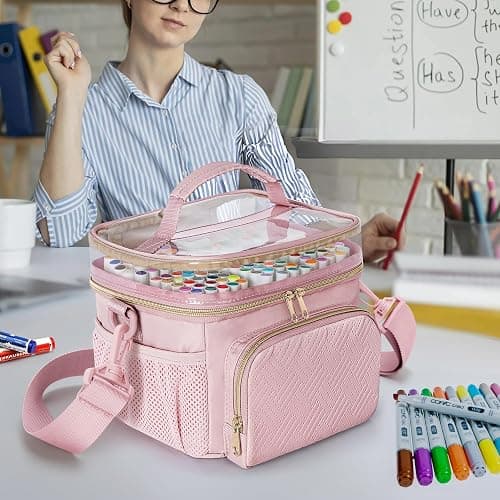 Rexmica Marker Organizer Case for 100 Markers, Marker Storage Organizer Bag with Divider and Shoulder Strap, Marker Travel Carrying Case with 3 Pockets, Pink (Patented Design) thumbnail 7