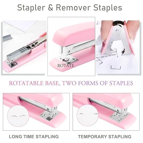 Pink Desk Accessories, Pink Office Supplies Accessories with Tape Dispenser, Stapler, Staple Remover, 1000 Staples, Tape, Clips Set, Ruler, Scissor, Pen thumbnail 3