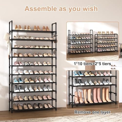 VTRIN 10 Tier Shoe Rack Tall Large Capacity 50 Pair Wide Shoe Organizer with Two Hooks Sturdy Metal Shoe Shelf for Entryway, Closet, Bedroom thumbnail 5