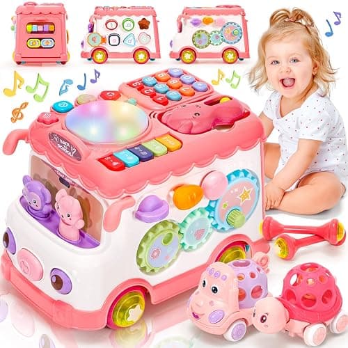 AmiDear Baby Gift for 1-2 Year Old Girl, 10-in-1 Montessori Toys Bus for Baby 6-12-18 Months+, Educational Musical Sensory Learning Toddler Toys Age 1-2, First Christmas and Birthday Gifts Pink - Image 1